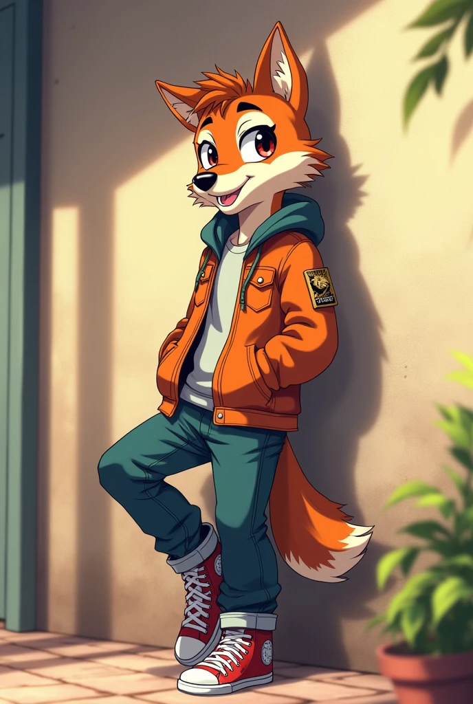 Animated wolf standing, crossing hand, pose tilted 45 degree to the side, anime style, wearing pocket ful jacket, leaning onto wall, crossing leg inside, casual shoes, short body, short leg
