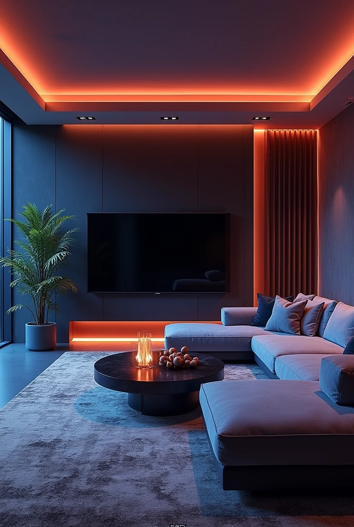 Please design me an extremely luxurious living room, modern and fully equipped. Futuristic design with mysterious colors
