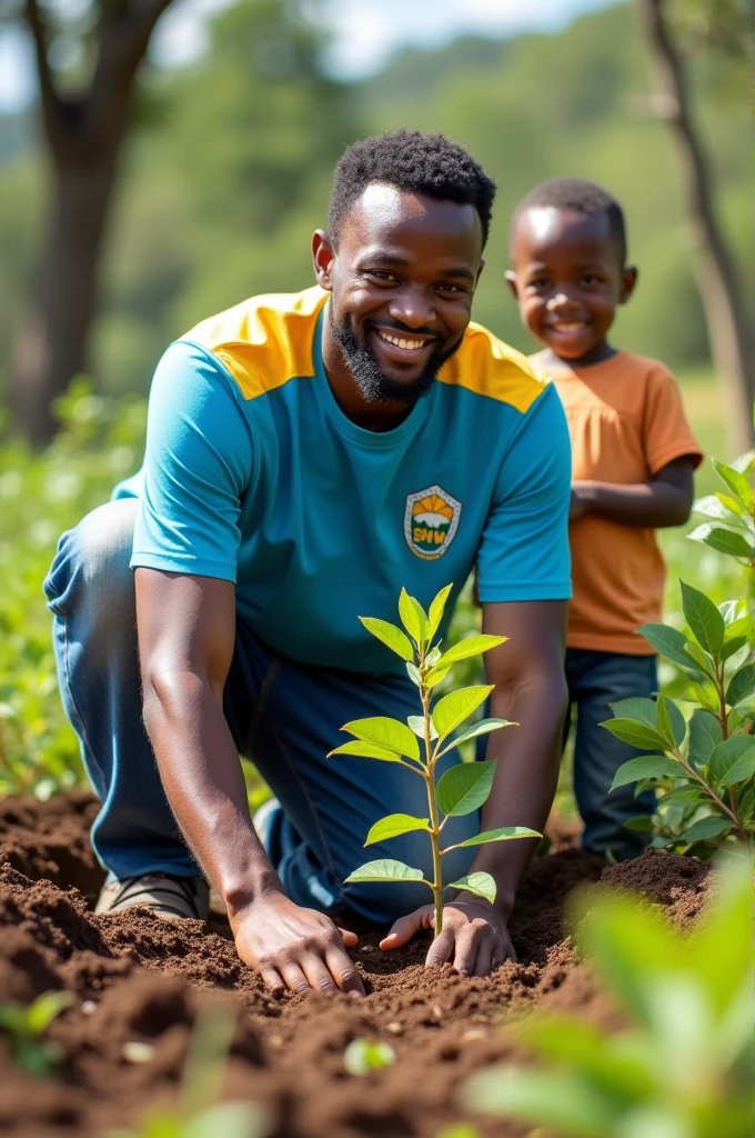 A man is planting tree and the children are watching him with happy face. This man wearing a sky blue shirt with yellow collar and The smw is written on yhe front of the shirt. And greenery is surrounding but the picture should be in high resolution because i want ro upload this picture on my Facebook cover photo