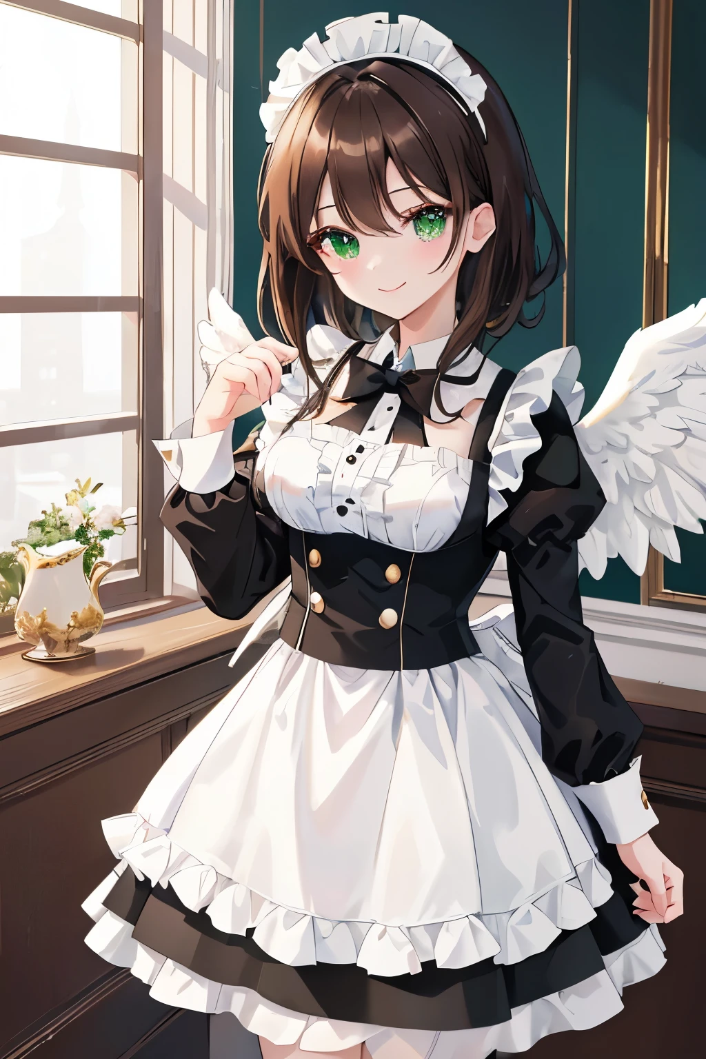 ((masterpiece, Highest quality, High resolution, 超High resolution, Pixel perfect, Written boundary depth, 4K, RTTX 10.0, High resolution))), 1 person, single, alone, Beautiful Anime, Beautiful art style, Anime characters, ((Shortcuts, bangs, Dark brown hair)), ((Green Eyes:1.4, Round eyes, Beautiful eyelashes, current eyes)), ((Smooth texture:0.75, Anime CG style)), ((Dynamic Angle, close)), Perfect body, (cute), Normal chest, whole body, ((4K, 8k, Highest quality, Perfect Fingers: 1.3, Perfect Anatomy: 1.3, Background Blur)), whole bodyアングル, Illustration of a female angel wearing a maid outfit, The character is an angel with pure white wings.、She wears a classic black and white maid outfit。, The maid outfit is decorated with frills and ribbons.、Elegant and lovely design。, She smiled gracefully.、Holding a teacup in his hand。, A soft light shines in the background。