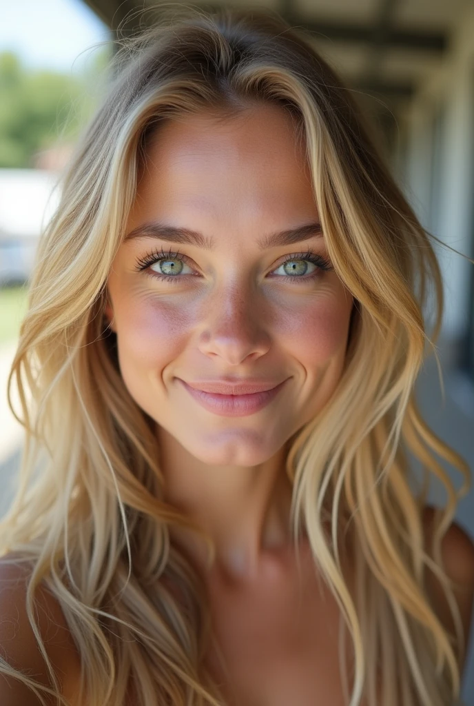 Taken with an iPhone camera, a medium shot selfie of a pretty 25 year old woman with blonde hair, square chin, green eyes, natural imperfections, medium quality 8K film grain in front.
undefined,