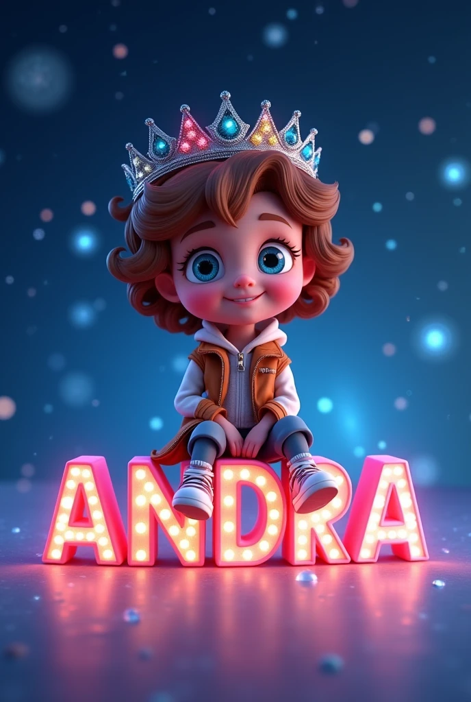 3D Animated of Cute girl seating in text "ANDREA" with Crown . Wearing Brown and white jacket . the background is blue outer space