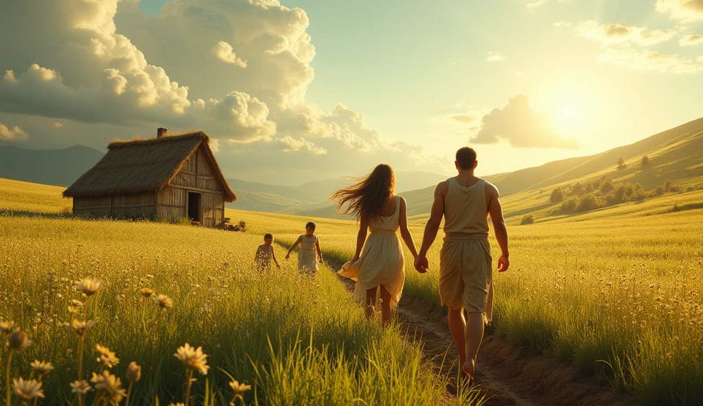 adam and eve, in a field working watching their children playing, the field is very vast with a simple modest house, time takes place in biblical times.