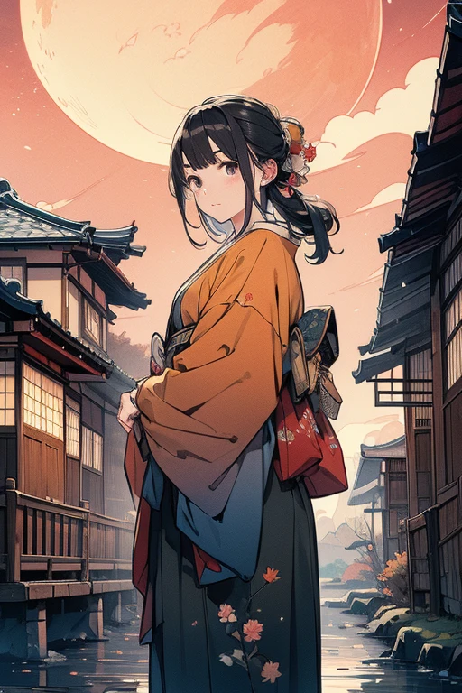 autumn、moon見、night、moon、Japanese style、Fantasy、((masterpiece)),Realistic,4K,Very detailed、landscape