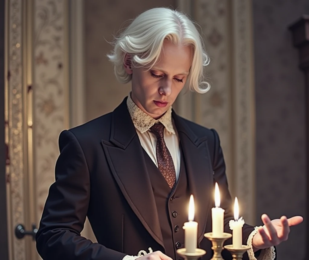 Pale Victorian ghost boy dancing with a candelabra in his hand, a scene rich in detail, the clothes flutter amid the flames