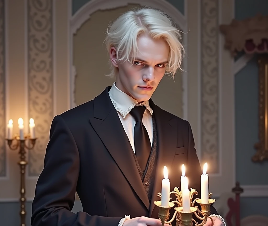 Pale Victorian ghost boy dancing with a candelabra in his hand, a scene rich in detail, the clothes flutter amid the flames 