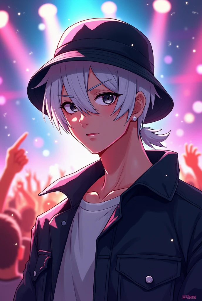2d photo, white hair, black eyes, wearing a bucket hat, two block mulet hairstyle, male, idol, active, anime