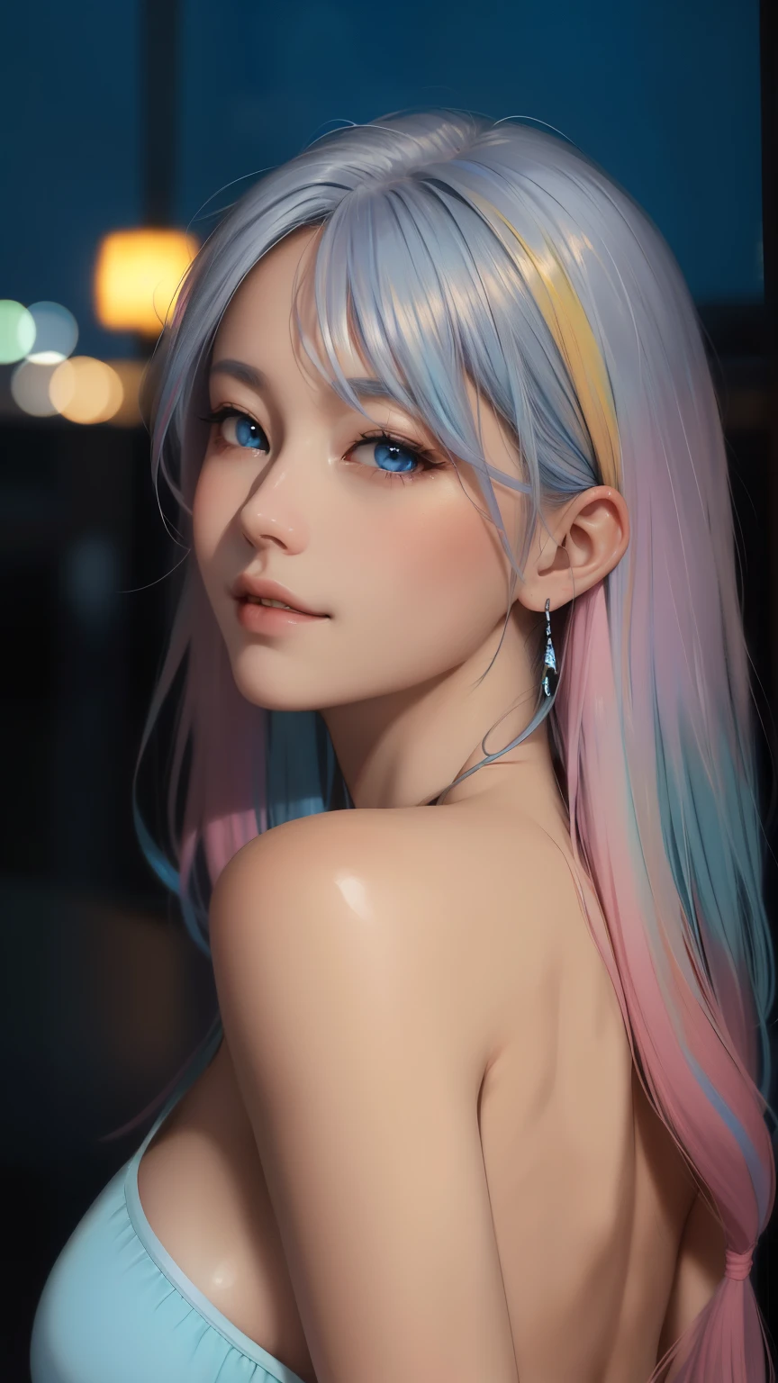 realistic photo、soft natural light、1 cute model、22 years old, soft soft skin、(light blue eyes),   (forehead, long hair, multicolored hair, gradient hair, two tone hair, silver hair, pink hair, blue hair:1.2)  、natural skin texture、long hair、soft lighting、detailed face、photo realism、looking at the camera、face、Realistic painting、sharp focus、8ｋ、 completely naked, undressed, no clothes, (nude, naked )、 Incredibly huge breasts: 1.2、perfect composition、Art Station Trends、very detailed、Unreal Engine 5、of the photo、Smooth and intricate details like a movie、studio photography、very detailed、detailed hairstyle、smiley face。Tokyo night background, Incredibly huge breasts.