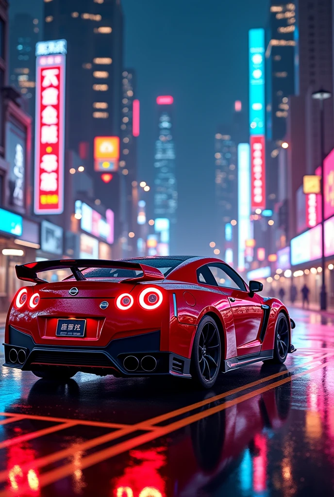 Nissan GTR red, neon colour, neon city, a Chinese city, road is neon, side view