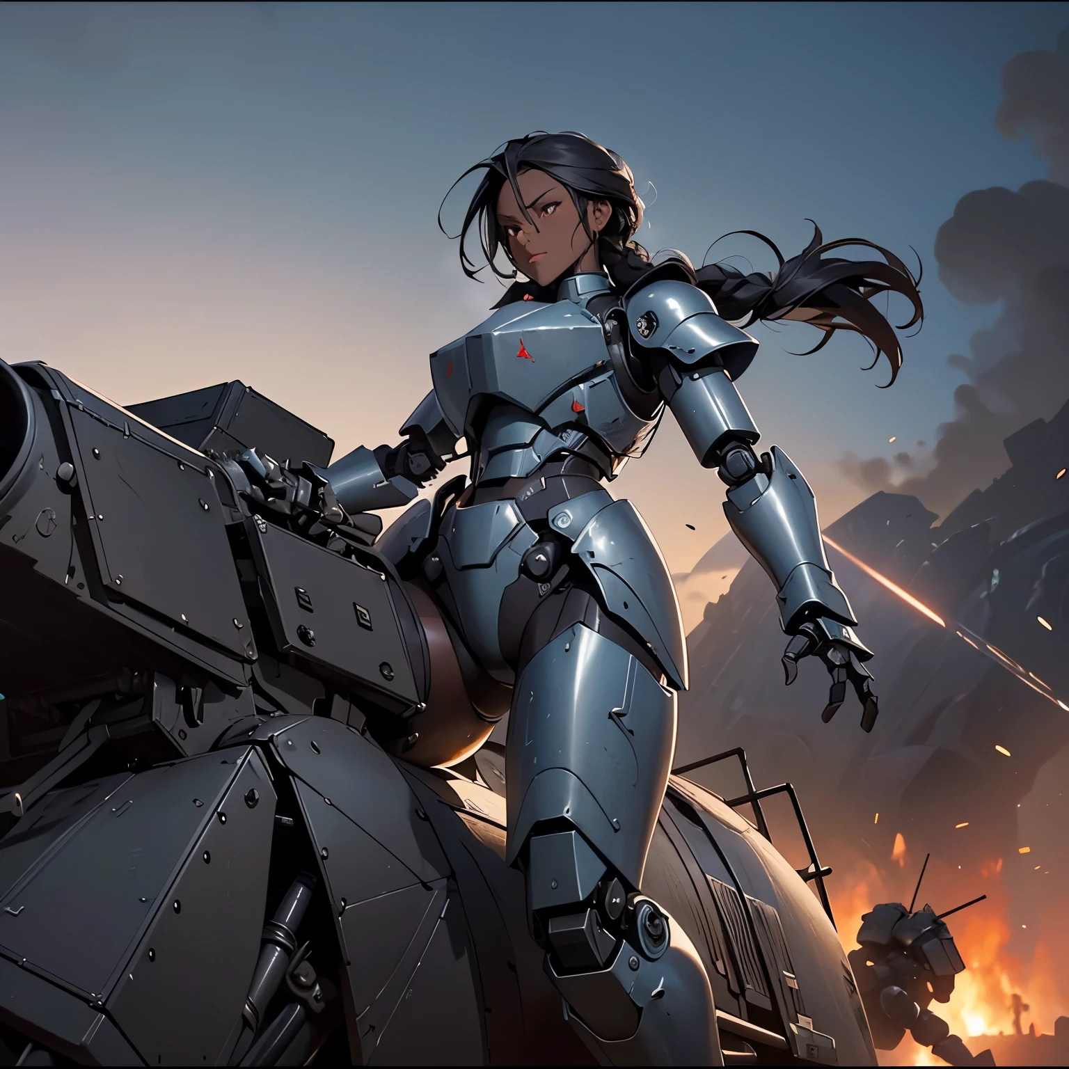 nsfw, anime screencap, 16K, perfect anatomy proportion body, perfect hands, action, A dynamic composition with a sense of speed and movement, (open cockpit, Riding a large, heavily armored, steam-powered, military bipedal robot:1.6), a wife, 40age, perfect beautiful delicate sexy face, perfect beautiful delicate eyes, braid-in-braid black hair, (dark skin:1.6), huge breasts, abs,  Camouflage-colored heavy armored steam engine full armor powered suit, Many heavily armored robot soldiers are engaged in a firefight in the background., Flying bullets, Desert Battlefield, war, Post-apocalyptic,