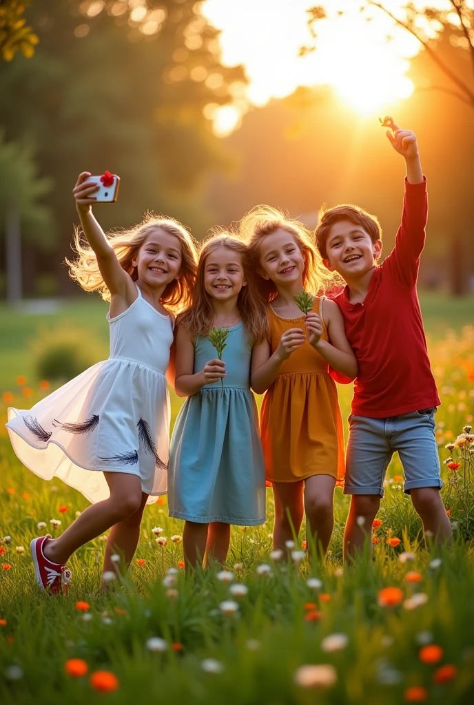 4 figures taking a selfie
. One for air, one for earth, one for water and one for fire For children in primary school Girls and boys