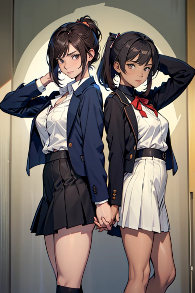 Anime Style,Two girls wearing the same uniform stand side by side,A tall girl with chestnut hair in a bob cut, large breasts, and kind, droopy eyes, and a short girl with long black hair in a ponytail, slim with small breasts and slanted eyes.,Navy blue blazer,White blouse,Orange bow ribbon,Grey flared skirt,Navy blue knee socks,Dark brown loafers,looks fun,Anatomically correct, High resolution, High detail, High-resolution model, Retina, Very detailed, Textured skin, There are two pairs of hands and feet, with five fingers on each side.