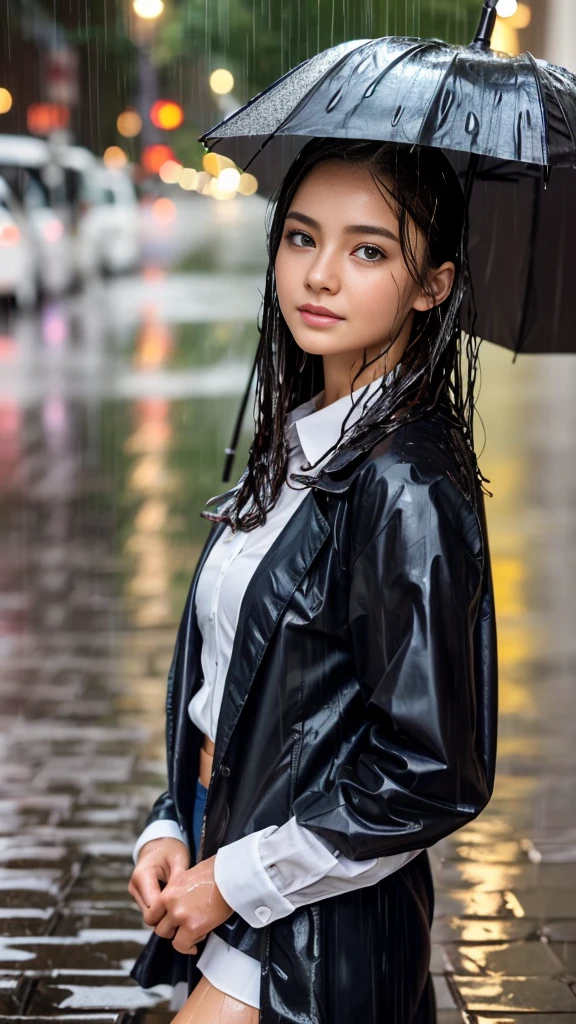 (Highest quality, 4K, masterpiece :1.Beautiful woman, 1 person, (, Attractive body :1.2), Abdominal muscles :1.1, Dark brown hair: 1.1, ((Wet from rain, Wet by rain, Wet :1.2)), Highly detailed face, Detailed lips, Delicate eyes, double eyelid, 18-year-old、school uniform,With a big umbrella、Evening in the city