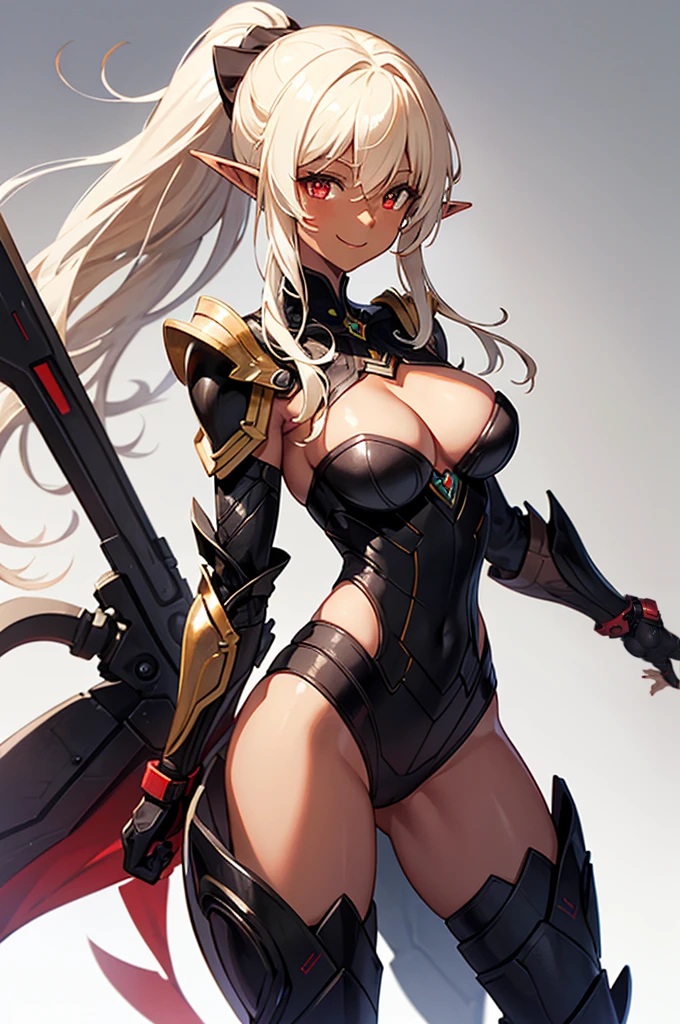 Beautiful images,Detailed Images,Official image,(Background of the base),One Woman,Blonde,Red Eyes,Ponytail Hair,Model body type,(Dark Skin:1.3),Elf Ears,Large Breasts,(Bioarmor:1.3),Smile small,