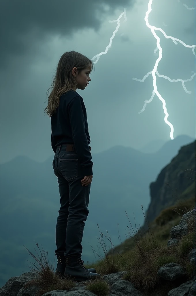 Heavy dark weather in background, alone youngboy unique body stand on mountain looking the sky wear black shirt and black jeans long hair and black shoes