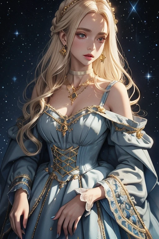 lamplight, beautiful woman, gold eyes, (Detailed eyes, The eyes are bright), Long blonde hair, pale-skinned, blue diamond earrings, blue diamond necklace, medium skin, dark blue gown, Meticulous dress of golden accessories on clothes, blue flowers on hair, (perfect anatomia), Highqualityshadow, natural lighting, (White highlights),overcast day, (starrysky), (shining), ultra detailed