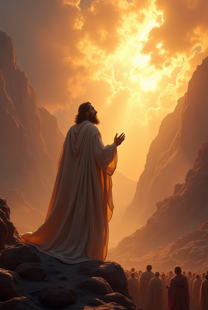 (Photorealism:1.2), Great Leader Moses, Meeting God at Mount Sinai, Enlarged upper body,
There's a glow on that face., face enlargement. The sun shines on his face from the sky, Moses the leader speaking before the people.