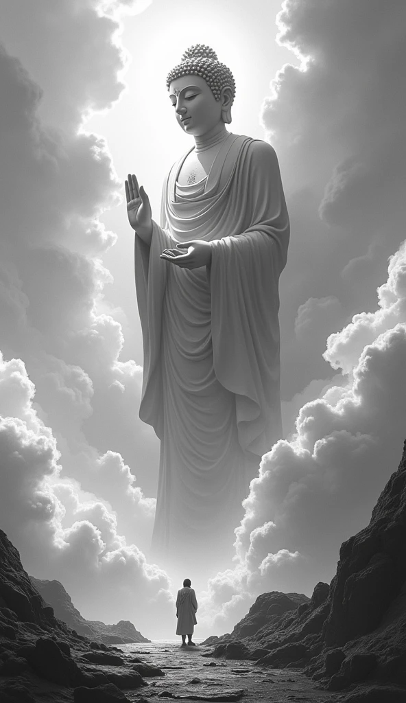 ((masterpiece)),(最high quality)),Chinese style,In the sky, Clouds form a giant Maitreya Buddha statue,Gazing at Earth,Standing Buddha statue,The light shines,Glow effect,Pilgrims' Path,Ultra-realistic,Ultra-photorealism,real photography,8k,High resolution,high quality,Masterpieces,Ultra-fine,Chinese black and white ink style,(((White))),Decolorization,Dirt,ink,8k,Ultra-fine,high quality,(((OC Renderer)))