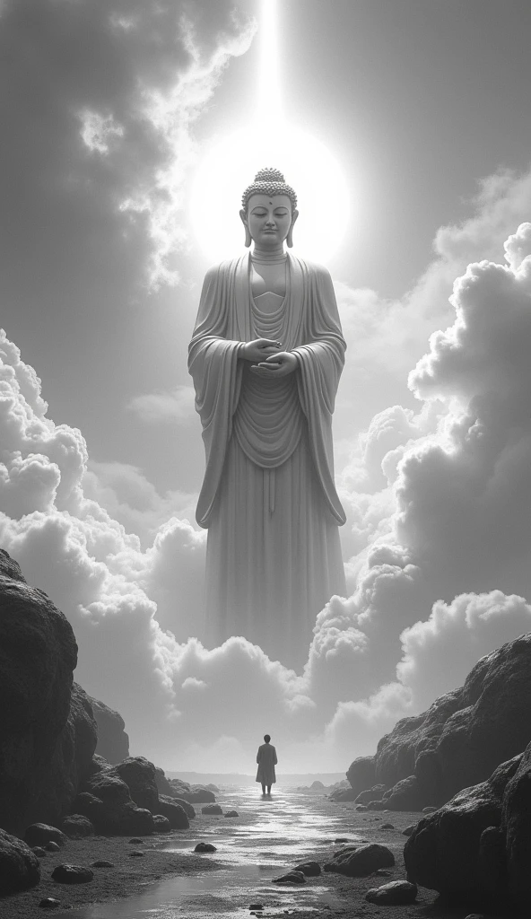 ((masterpiece)),(最high quality)),Chinese style,In the sky, Clouds form a giant Maitreya Buddha statue,Gazing at Earth,Standing Buddha statue,The light shines,Glow effect,Pilgrims' Path,Ultra-realistic,Ultra-photorealism,real photography,8k,High resolution,high quality,Masterpieces,Ultra-fine,Chinese black and white ink style,(((White))),Decolorization,Dirt,ink,8k,Ultra-fine,high quality,(((OC Renderer)))