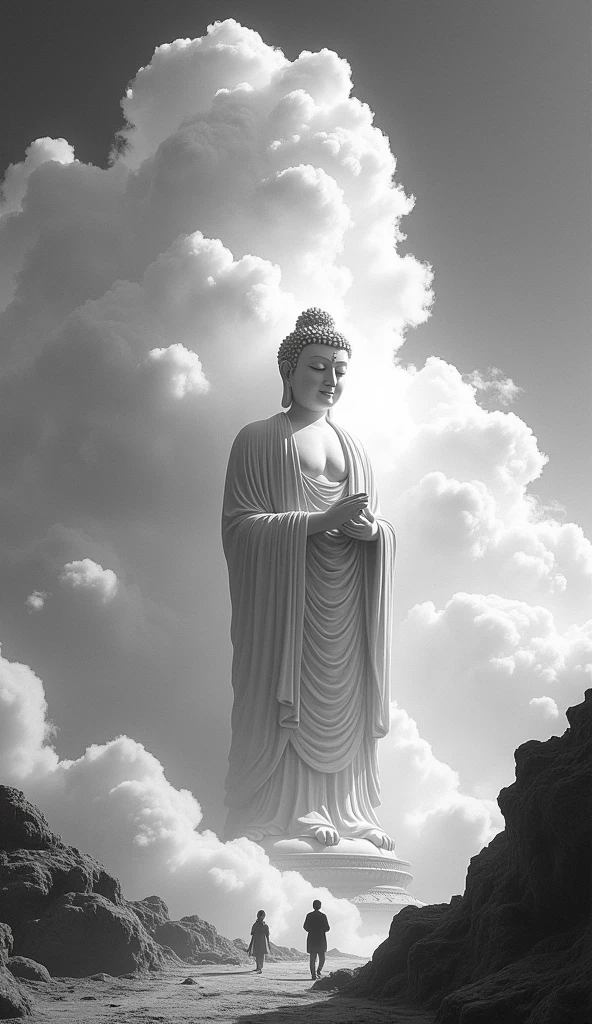 ((masterpiece)),(最high quality)),Chinese style,In the sky, Clouds form a giant Maitreya Buddha statue,Gazing at Earth,Standing Buddha statue,The light shines,Glow effect,Pilgrims' Path,Ultra-realistic,Ultra-photorealism,real photography,8k,High resolution,high quality,Masterpieces,Ultra-fine,Chinese black and white ink style,(((White))),Decolorization,Dirt,ink,8k,Ultra-fine,high quality,(((OC Renderer)))