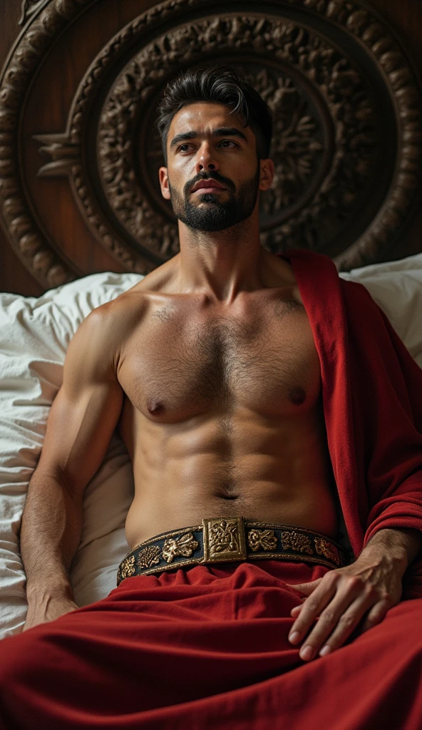 illustrates a 50 year old king who is bare-chested while ejaculating on his bed