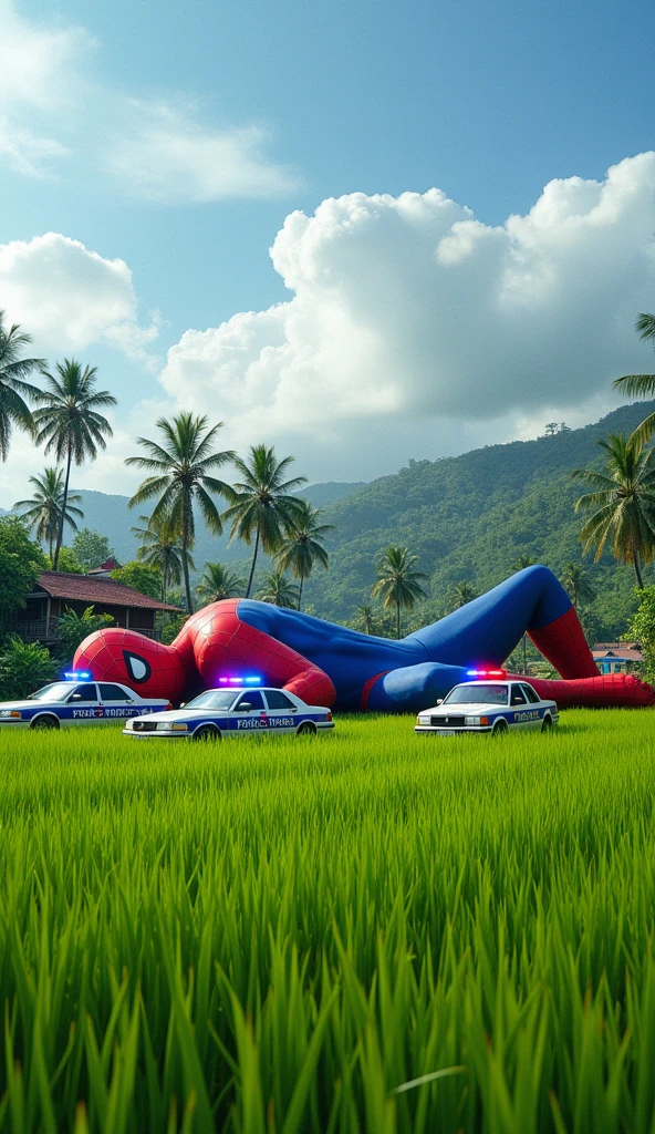 Illustrate a giant Spiderman peacefully sleeping in the middle of a vast rice field in rural Indonesia. His massive body stretches across the green paddies, with his head resting near a small village. Several Indonesian police cars, with their blue and red lights flashing, circle around him, trying to figure out how to handle the situation. The sky is bright blue with fluffy white clouds, and the scene is filled with local details like coconut trees, small huts, and villagers in traditional attire curiously watching the spectacle from a distance