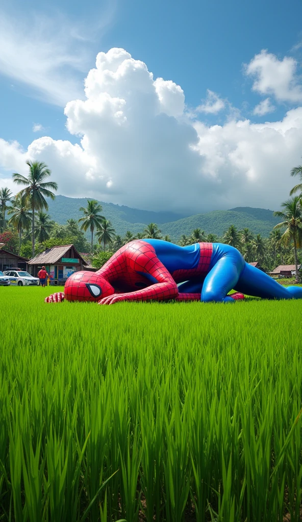 Illustrate a giant Spiderman peacefully sleeping in the middle of a vast rice field in rural Indonesia. His massive body stretches across the green paddies, with his head resting near a small village. Several Indonesian police cars, with their blue and red lights flashing, circle around him, trying to figure out how to handle the situation. The sky is bright blue with fluffy white clouds, and the scene is filled with local details like coconut trees, small huts, and villagers in traditional attire curiously watching the spectacle from a distance