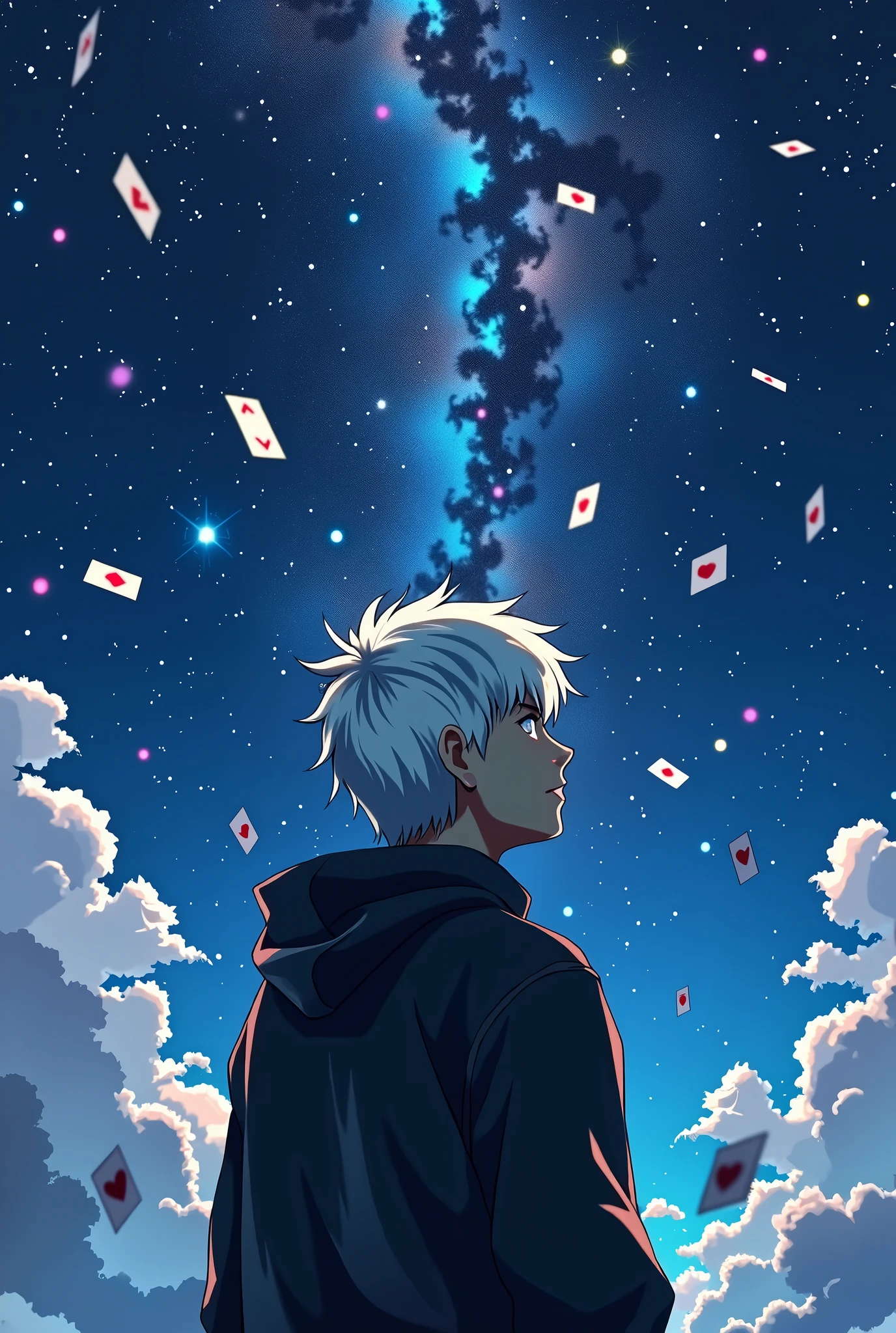 A man with white hair in a black windbreaker looking up at the starry night sky，The cards spun around him.，Anime style，Highly detailed，Film Lighting，dramatic，（Best quality，4K，8k，high resolution，masterpiece：1.2），Ultra Detailed，（lifelike，Photoreal，Photoreal：1.37），dramatic的灯光，Moody atmosphere，Dynamic composition，Intricate details，Vibrant colors，Whimsical fantasies，Surrealist elements，Magical Realism