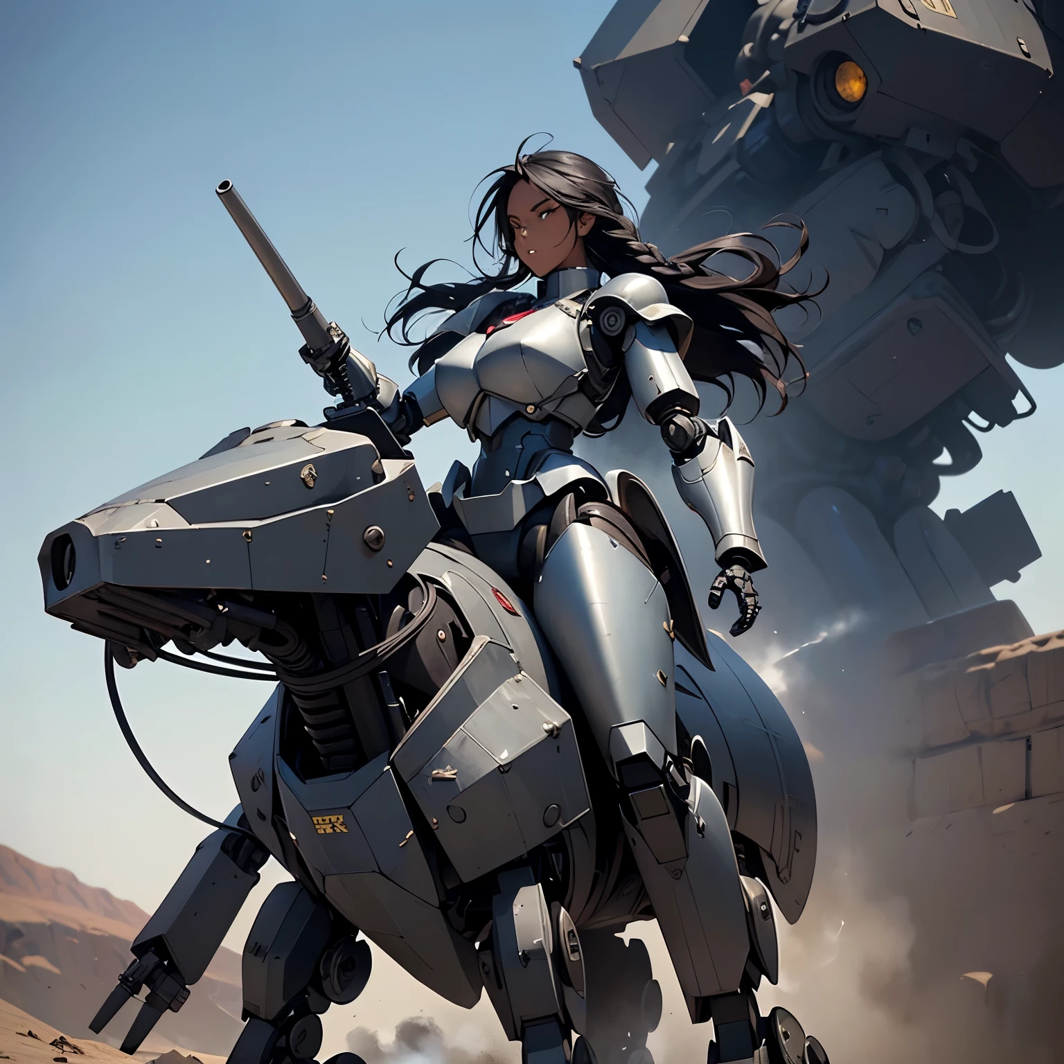 nsfw, anime screencap, 16K, perfect anatomy proportion body, perfect hands, action, A dynamic composition with a sense of speed and movement, (open cockpit, Riding a large, heavily armored, steam-powered, military bipedal robot:1.6), a wife, 40age, perfect beautiful delicate sexy face, perfect beautiful delicate eyes, braid-in-braid black hair, (dark skin:1.6), huge breasts, abs,  Camouflage-colored heavy armored steam engine full armor powered suit, Many heavily armored robot soldiers are engaged in a firefight in the background., Flying bullets, Desert Battlefield, war, Post-apocalyptic,