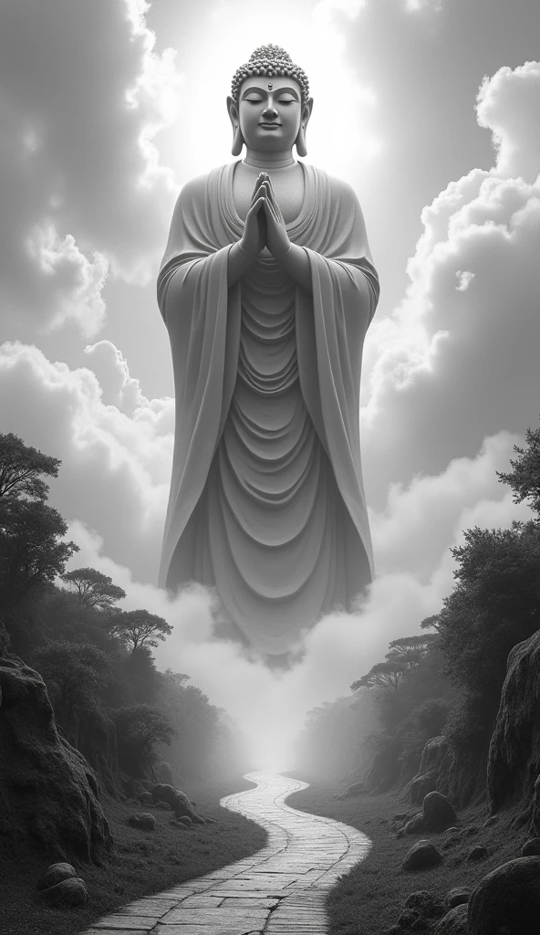 ((masterpiece)),(最high quality)),Chinese style,In the sky, Clouds form a giant Maitreya Buddha statue,Gazing at Earth,Standing Buddha statue,The light shines,Glow effect,Pilgrims' Path,Ultra-realistic,Ultra-photorealism,real photography,8k,High resolution,high quality,Masterpieces,Ultra-fine,Chinese black and white ink style,(((White))),Decolorization,Dirt,ink,8k,Ultra-fine,high quality,(((OC Renderer)))