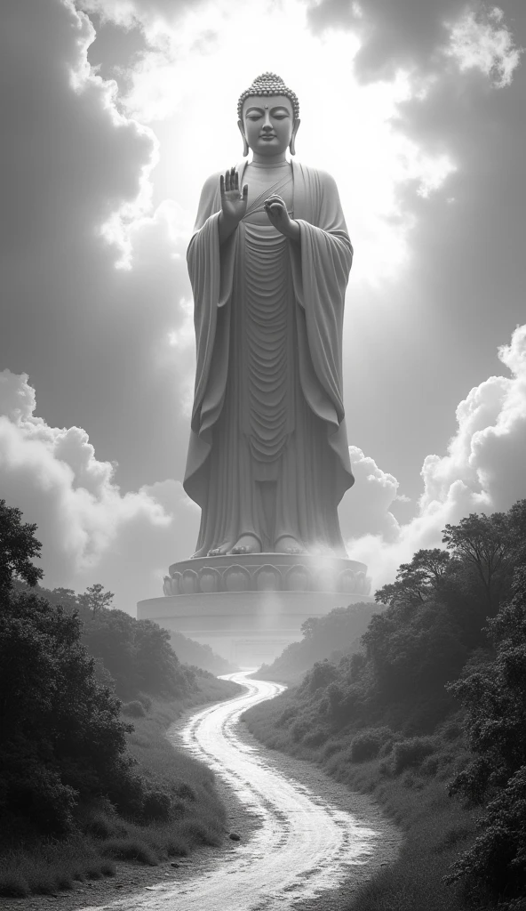 ((masterpiece)),(最high quality)),Chinese style,In the sky, Clouds form a giant Maitreya Buddha statue,Gazing at Earth,Standing Buddha statue,The light shines,Glow effect,Pilgrims' Path,Ultra-realistic,Ultra-photorealism,real photography,8k,High resolution,high quality,Masterpieces,Ultra-fine,Chinese black and white ink style,(((White))),Decolorization,Dirt,ink,8k,Ultra-fine,high quality,(((OC Renderer)))
