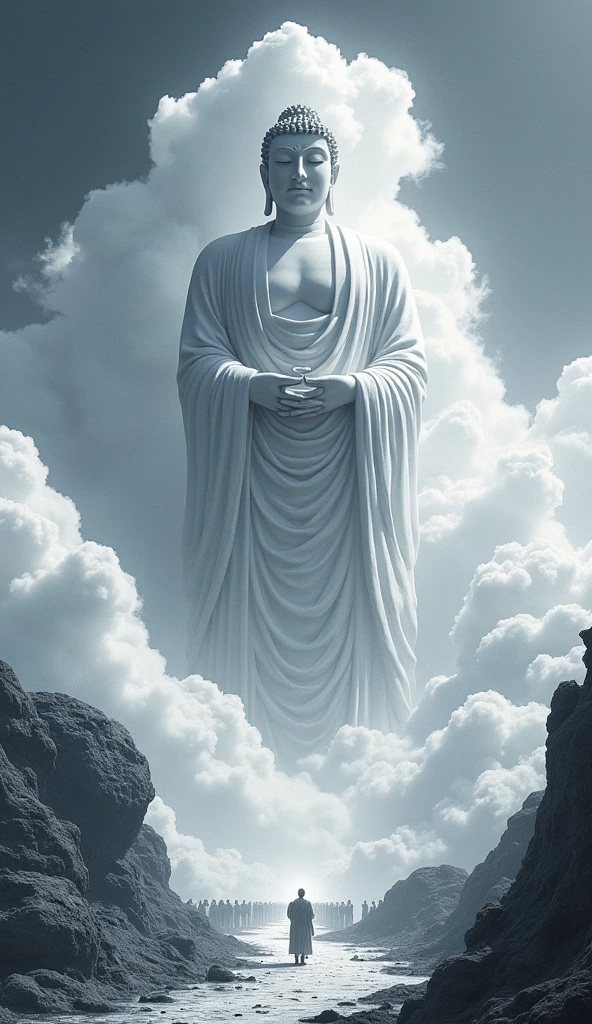 ((masterpiece))，(最high quality))，Chinese style，In the sky, Clouds form a giant Maitreya Buddha statue，Gazing at Earth，Standing Buddha statue，The light shines，Glow effect，Pilgrims&#39; Path，Ultra-realistic，Ultra-photorealism，real photography，8k，High resolution，high quality，Masterpieces，Ultra-fine，Chinese black and white ink style，（（（White））），Decolorization，Dirt，ink，8k，Ultra-fine，high quality，（（（OC Renderer）））