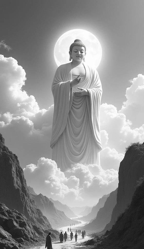 ((masterpiece))，(最high quality))，Chinese style，In the sky, Clouds form a giant Maitreya Buddha statue，Gazing at Earth，Standing Buddha statue，The light shines，Glow effect，Pilgrims&#39; Path，Ultra-realistic，Ultra-photorealism，real photography，8k，High resolution，high quality，Masterpieces，Ultra-fine，Chinese black and white ink style，（（（White））），Decolorization，Dirt，ink，8k，Ultra-fine，high quality，（（（OC Renderer）））