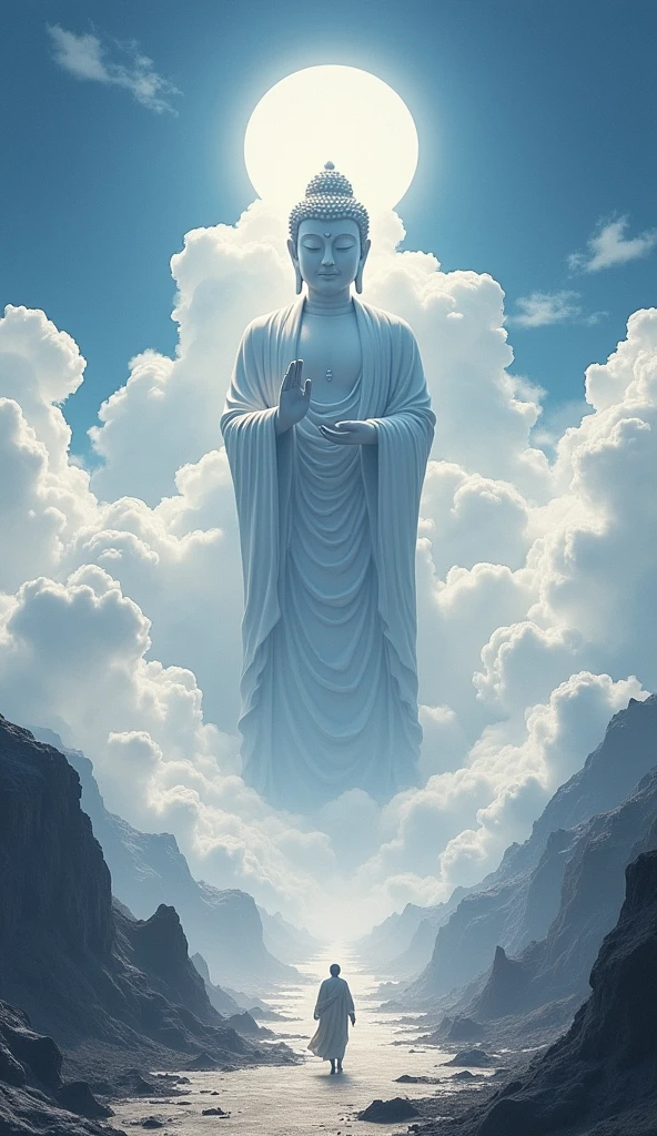 ((masterpiece)),(最high quality)),Chinese style,In the sky, Clouds form a giant Maitreya Buddha statue,Gazing at Earth,Standing Buddha statue,The light shines,Glow effect,Pilgrims' Path,Ultra-realistic,Ultra-photorealism,real photography,8k,High resolution,high quality,Masterpieces,Ultra-fine,Chinese black and white ink style,(((White))),Decolorization,Dirt,ink,8k,Ultra-fine,high quality,(((OC Renderer)))