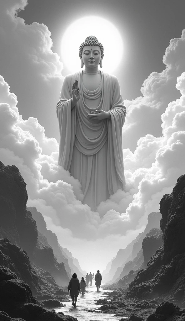 ((masterpiece))，(最high quality))，Chinese style，In the sky, Clouds form a giant Maitreya Buddha statue，Gazing at Earth，Standing Buddha statue，The light shines，Glow effect，Pilgrims&#39; Path，Ultra-realistic，Ultra-photorealism，real photography，8k，High resolution，high quality，Masterpieces，Ultra-fine，Chinese black and white ink style，（（（White））），Decolorization，Dirt，ink，8k，Ultra-fine，high quality，（（（OC Renderer）））