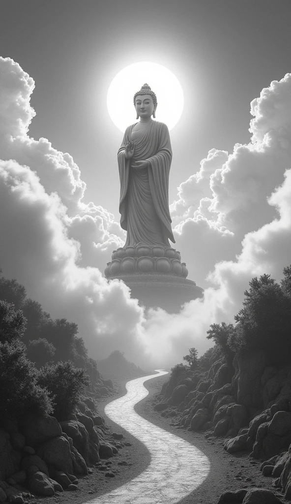 ((masterpiece))，(最high quality))，Chinese style，In the sky, Clouds form a giant Maitreya Buddha statue，Gazing at Earth，Standing Buddha statue，The light shines，Glow effect，Pilgrims&#39; Path，Ultra-realistic，Ultra-photorealism，real photography，8k，High resolution，high quality，Masterpieces，Ultra-fine，Chinese black and white ink style，（（（White））），Decolorization，Dirt，ink，8k，Ultra-fine，high quality，（（（OC Renderer）））