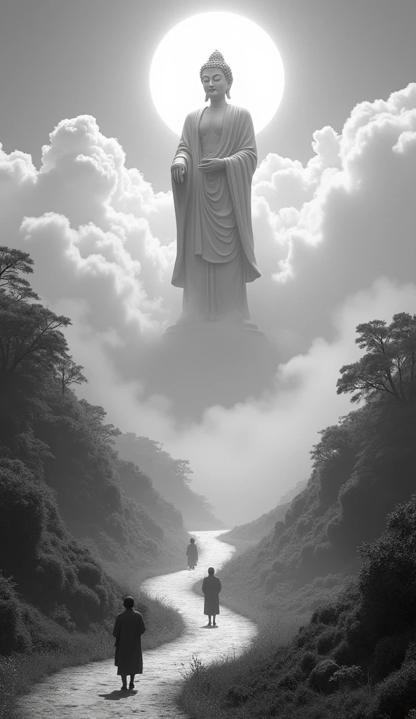 ((masterpiece)),(最high quality)),Chinese style,In the sky, Clouds form a giant Maitreya Buddha statue,Gazing at Earth,Standing Buddha statue,The light shines,Glow effect,Pilgrims' Path,Ultra-realistic,Ultra-photorealism,real photography,8k,High resolution,high quality,Masterpieces,Ultra-fine,Chinese black and white ink style,(((White))),Decolorization,Dirt,ink,8k,Ultra-fine,high quality,(((OC Renderer)))