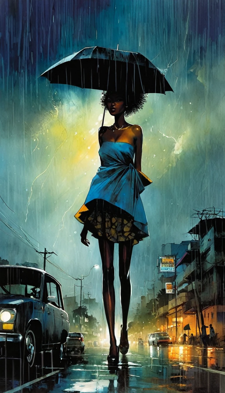 Nairobi, night, under the storm, art inspired by Bill Sienkiewicz and Dave McKean
