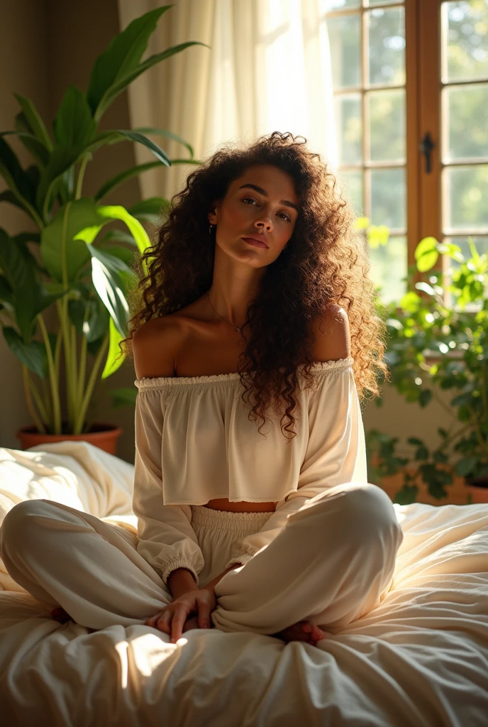 (photorealism:1.2), beautiful woman, sitting on bed, wearing loose off-shoulder top, pajama pants, long curly hair, indoors, soft lighting, plants in background, window with sunlight, cozy room, relaxed pose, realistic, intricate details, warm colors, by Greg Rutkowski, by Alphonse Mucha