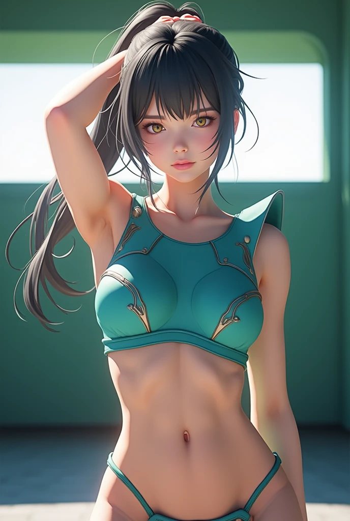 (Very detailed CG unity 8K wallpaper），best qualtiy，cinmatic lighting，detailed back ground，((best quality)), ((masterpiece)), (detailed), NSFW, small breasts, prominent collarbones, skinny arms, flat and toned stomach, visible hip bones, full body, long hair, black hair, Realistic Shadows, Detailed skin, Very small breasts, Hair Ribbon, Very detailed, highly detailed face, Perfect face shape, Perfect lips, Perfect nose, Correct beautiful eyes, Watching Viewer, Best Quality, Single Girl, young female warrior, dressed in a tasteful, revealing outfit that emphasizes her strength and agility, Her outfit should be like a greek hoplite armor and can include elements like a fitted leather armor with deep cleavage, a short skirt, thigh-high boots and showing her toned abs. She should have long, flowing hair, and carry a sleek, elegant weapon like a sword or bow. The overall look should be empowering and sexy, not safe for work
