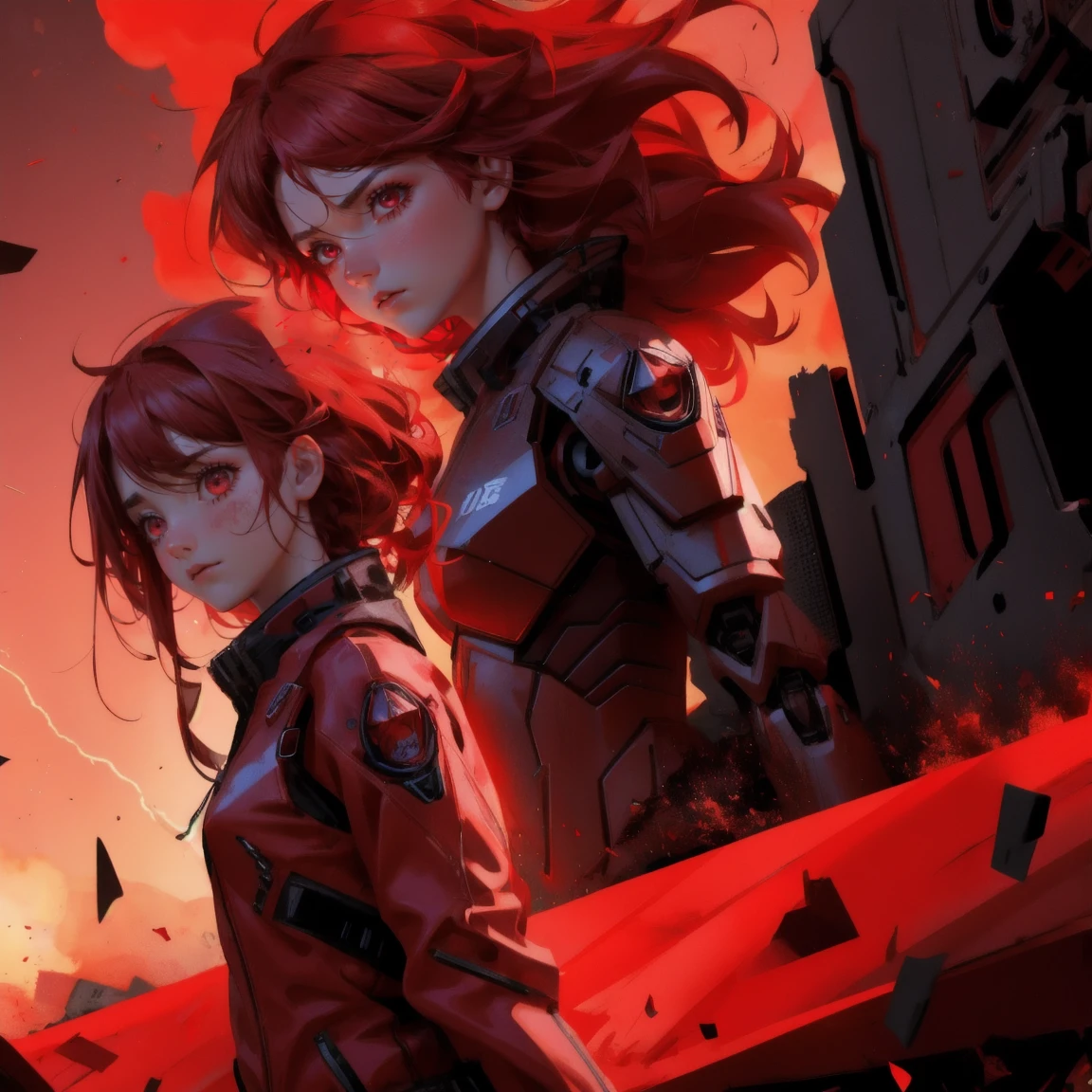 red-themed intense scene with a girl and a robot. Both characters display emotions of shock and awe, with wide eyes and dramatic body language. The background includes explosions, flying debris, and digital code, creating a chaotic and high-energy atmosphere.