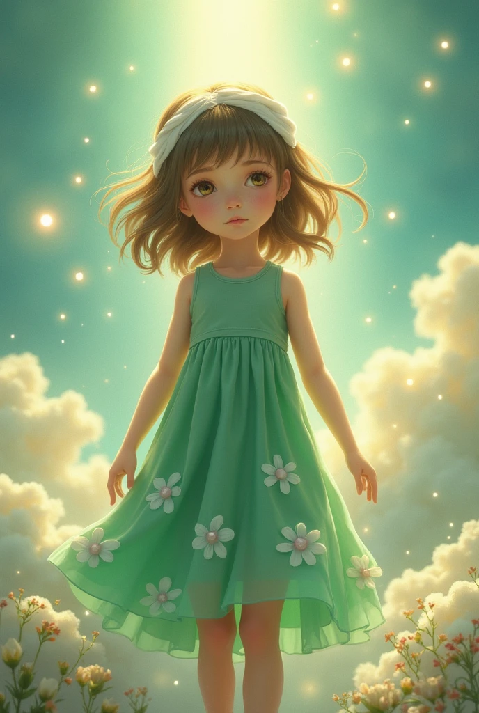 A girl who gat raped and killed by a 30 years old man, seeking for justice in heaven. She wear a green dress with all over flower dots and wear a tiny slim scarve or bandage over her head.