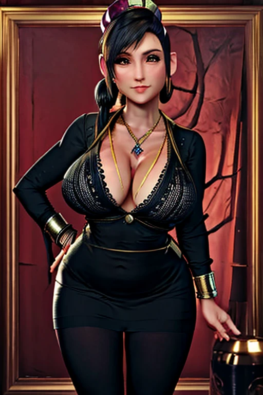 Tifa lockhart, implanted Big breast, ((long sleeve thin yellow  dress that show body curve with a cleavage)),Game,1girl,Jewel ring,Gold chained round shape necklace,Hoopa earring,Bracelet,Big cleavage,topknot hair bun,((Beehive Bun style)) ,black hair,Curvy figure,Unnatural big breast,Cleavage,black color long nail,Swaying hip,Head to waist view,Sculpted calves figure,Thick tights,Wide hips,very big cleavage,Enchanced big breast,((Diamond wedding ring)),Aristoticat ring, Detailed eyes,Busty,don corneo mansion,Madam tifa,View from front,dangerous cleavage,semi sweetheart cleavage,Solo,looking at you,Dignified expression,Show off cleavage,detailed hands,Detailed eyes,Gaze on viewer,Curvy figure,hand in hip pose