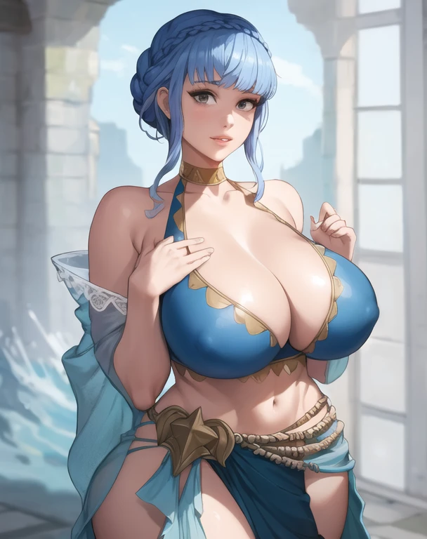 (best quality), (masterpiece), 1 girl, early 20's, huge heavy breasts, busty, perky breasts, thick, thick lips, wide hips, thin waist, mariannebikini, crown braid, see-through, blue bikini, sarong