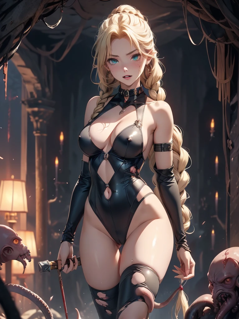 nsfw:1.3,master piece,Best Quality,Ultra-detailed,High resolution,Octane Render,valkyrie,Blonde hair,Radiant hair,(1 girl),Beautiful Girl,Beautiful mature face,torn clothes,broken clothes,Seductive young woman,female focus,Beautiful breasts,Full body,dripping blood and love juice from her bloody pussy,A creepy horse-faced monster, rotting, scaly-skinned monster lewdly rapes a cute girl,(Perfect body),Standing,(Dark purple cyber suit and crimson microskirt),Garter Belt,Bare shoulders,((Check out our thru-rack chokers and midi rings with chains,(blonde single braid),big bright green eyes, Shining eyes beautiful detailed eyes),Cute,Cool,pale skin,Faint lips,A seductive and confident smile,embarrassed,Open mouth,(hair, Realistic:1),to stand,Holding silver halberd,Blushing face,Fantasy,Sweat,steam,(In a cave with tentacles),((veiny tentacles)),cthulhu mythos,