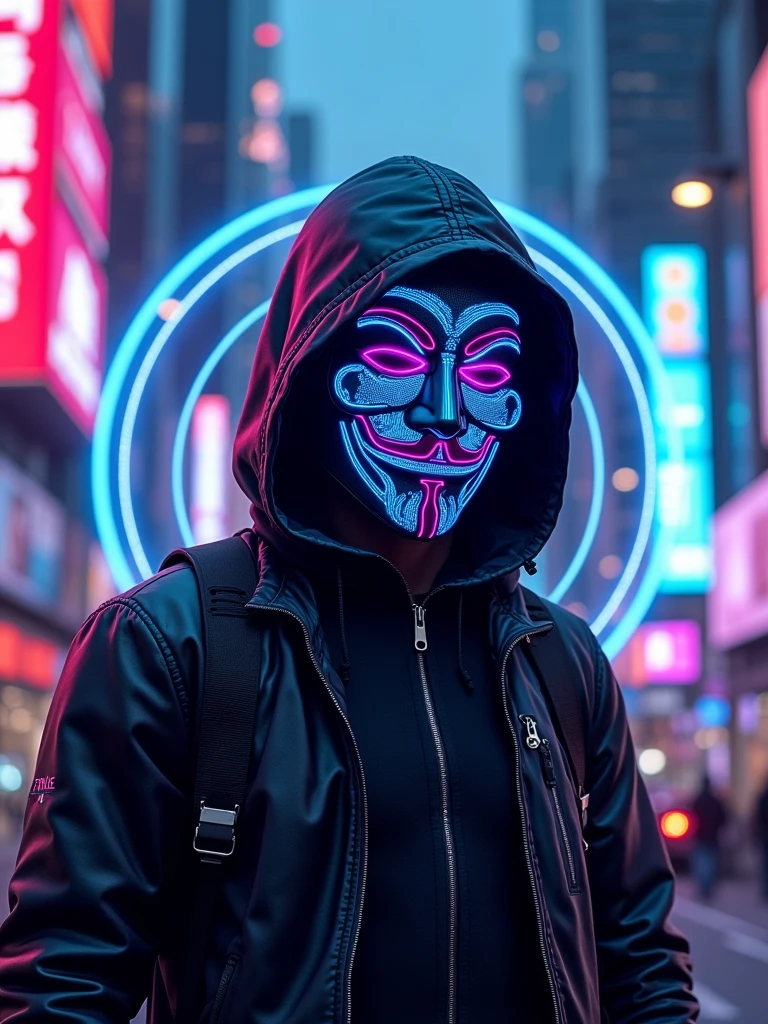 cyberpunk hacker wearing guy Fawkes masks gaming logo, mascot