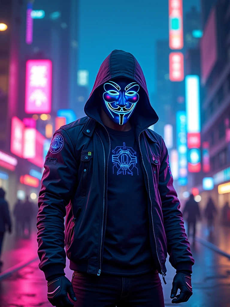 cyberpunk hacker wearing guy Fawkes masks gaming logo, mascot