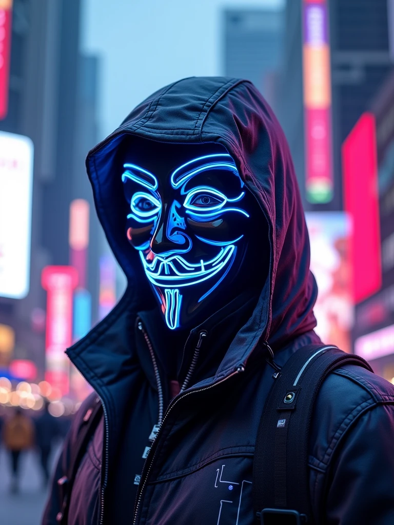 cyberpunk hacker wearing guy Fawkes masks gaming logo, mascot