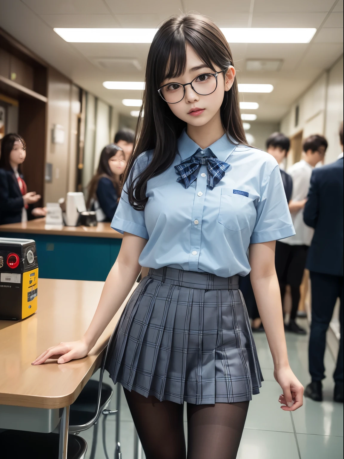 (8k、生photograph、 Highest quality、masterpiece:1.2)、(Small eyes)、((Black Pantyhose))、((Small breasts)、(Small breasts)、(Small breasts)、(Cutting board)、(Half an eye))、((Sleepy eyes))、((Squint your eyes))、(Round Glasses)、Droopy eyes、One person、cute、JK、high school girl、Japanese women、(Are standing)、(PhotoReactive:1.37)、Photon Mapping、Real、(Very delicate face)、round face、cute小さな顔、Brown eyes、(Red bow tie)、Radio City、Physically Based Rendering、Prospect、Character boundary depth、Blurred Background、photograph、、body、Beautiful feet、Long legs、Thin legs、(前hairが見える)、hair、lips、Blue_The目、Soft Nose、(Light blue shirt)、(Navy, blue and white plaid pleated skirt)、High school uniforms、See-through clothing、Thighs、black cotton socks、Nogizaka Idol、Japanese Idol