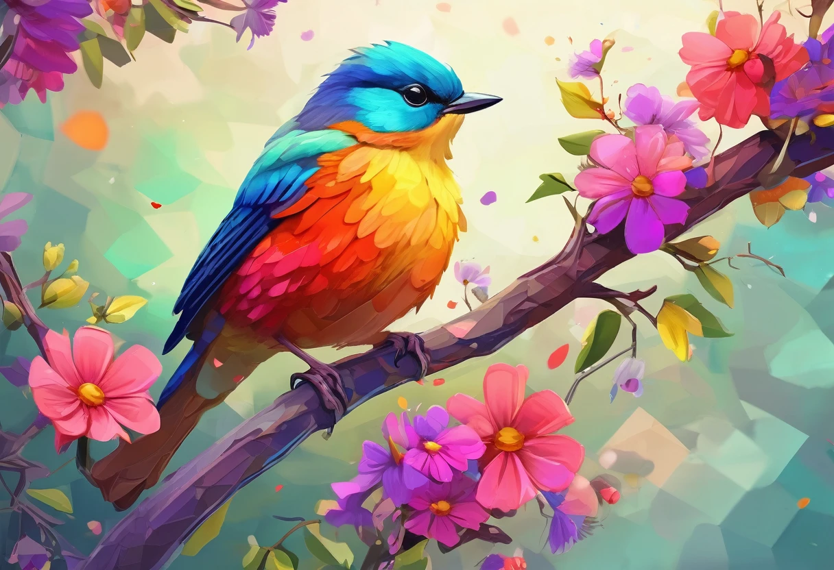 brightly colored bird sitting on branch of tree with flowers, digital painting highly detailed, colorful concept art, highly detailed digital painting, adorable digital painting, beautiful digital artwork, colorful birds, beautiful digital painting, super detailed color lowpoly art, beautiful digital art, cute detailed digital art, high quality digital painting, 8k high quality detailed art, colorful digital painting